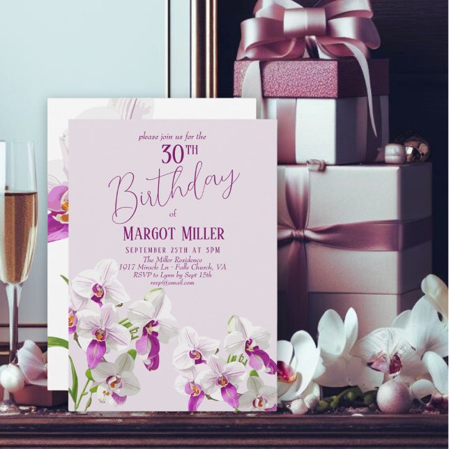 Vita och Lila Orchids Painting 30års födelsedag Inbjudningar (Skapare uppladdad)