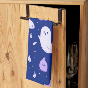 Vita och lila spöken stjärnor blå Halloween Kökshandduk