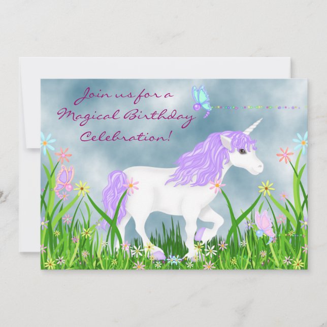 Vita och Lila Unicorn med Butterflies Birthday Inbjudningar (Framsida)