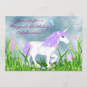 Vita och Lila Unicorn med Butterflies Birthday Inbjudningar