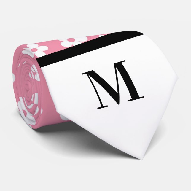 Vita och Ljusa rosa Daisy, Monogram Necktie Slips (Rullad)