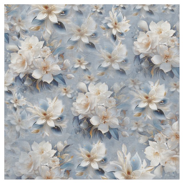 Vita och ljusblå Silky-blommor upprepar sig Tyg (Närbild)