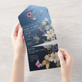 Vita och ljusblå Silky Flowers på Mörk blått