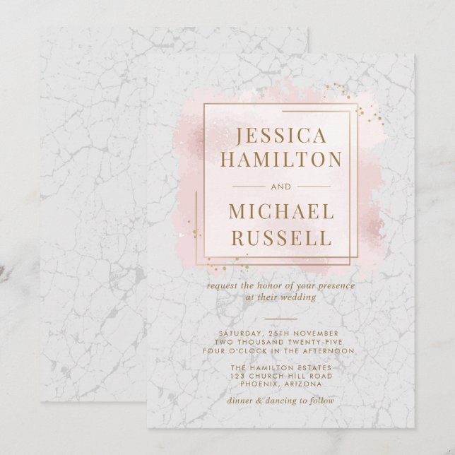 Vita och  Marble Guld Ram Bröllop Inbjudningar (Fram/baksida)