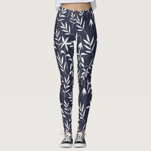Vita och marinblå bamboo löv Japanska mönster Leggings
