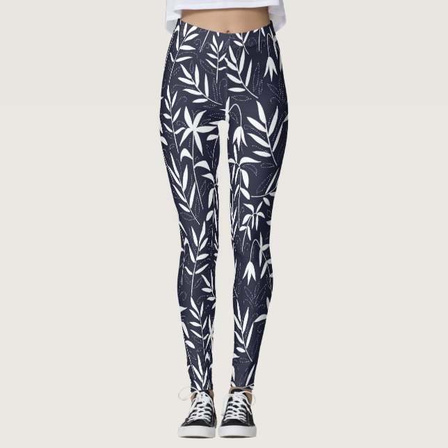 Vita och marinblå bamboo löv Japanska mönster Leggings (Framsida)