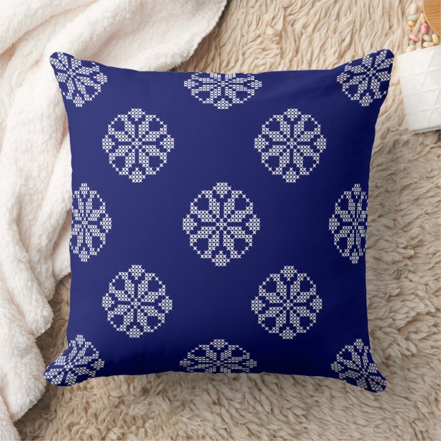 Vita och marinblå Modern Kor Stitch Snöre Mönster Kudde (Filt)