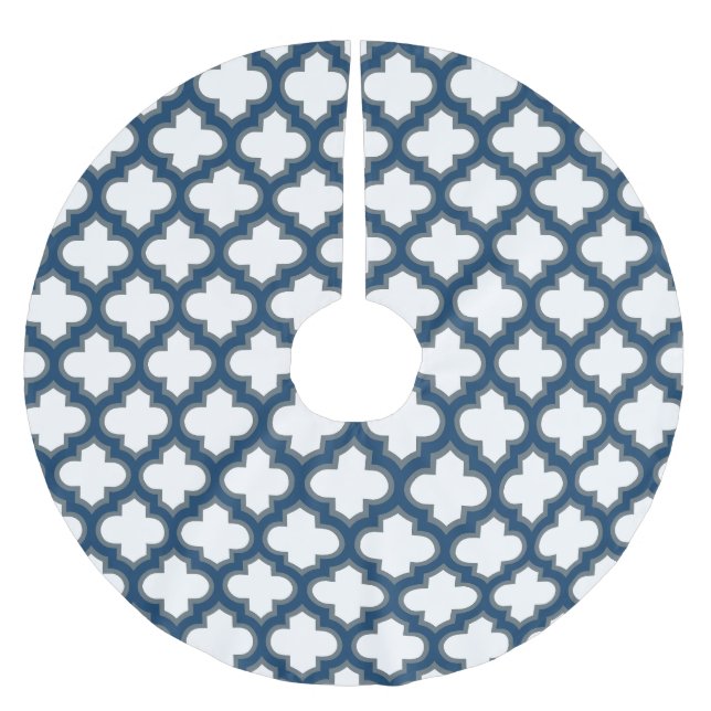 Vita och marinblå trellis, Lattice, Quatrefoil Julgransmatta Borstad Polyester (Framsidan)