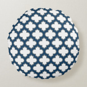 Vita och marinblå trellis, Lattice, Quatrefoil Rund Kudde