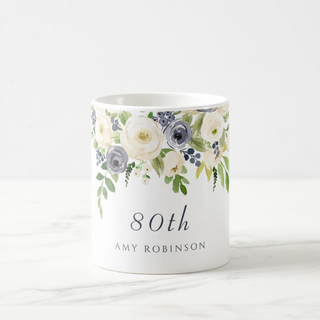 Vita och marinblommor Könsgåva 80:e födelsedag Kaffemugg (Center)
