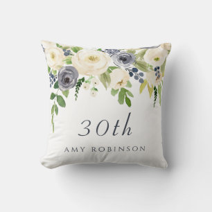 Vita och marinblommor, kvinnor i 30års födelsedag kudde