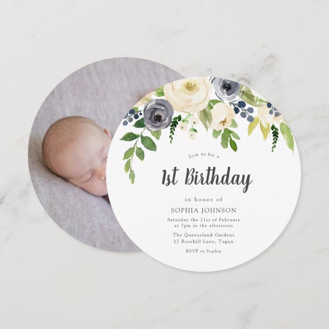 Vita och marinerade blommor Baby Foto 1:a födelsed Inbjudningar (Fram/baksida)