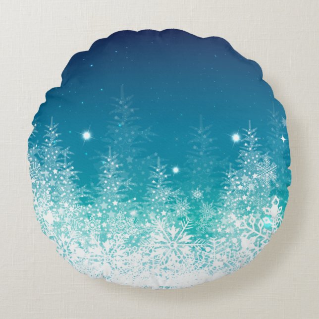 Vita och Midnight Blue Snöflingor Rund Kudde (Framsidan)