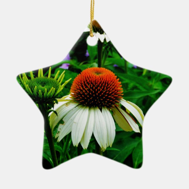Vita och Orange ConeFlowers Julgransprydnad Keramik (Framsidan)