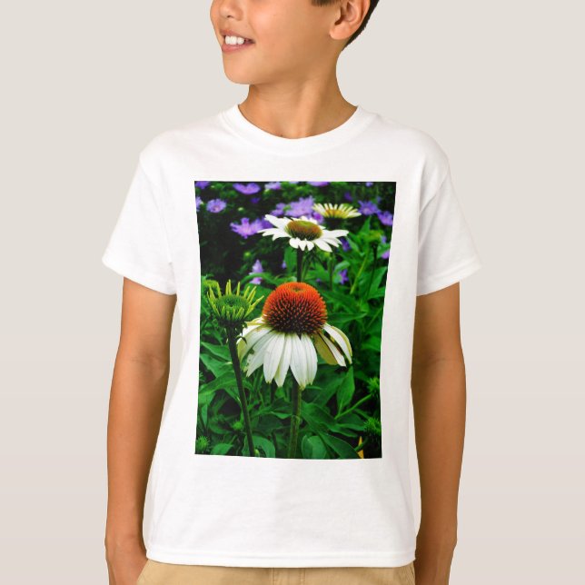 Vita och Orange ConeFlowers T Shirt (Framsida)