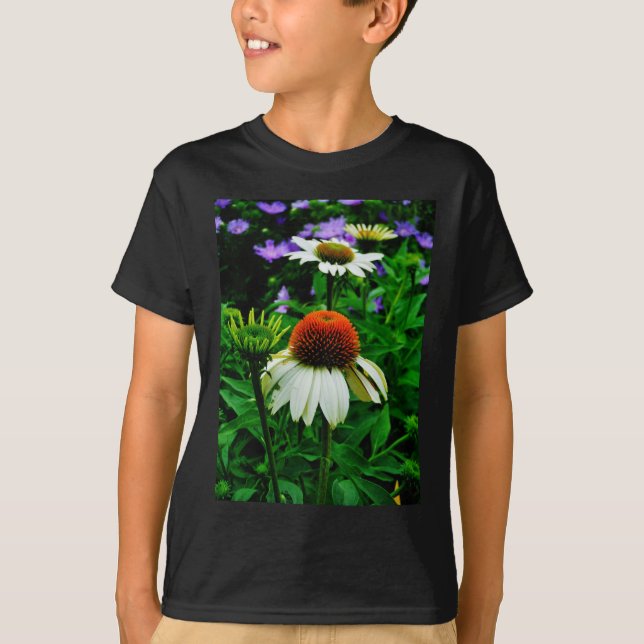 Vita och Orange ConeFlowers Tee Shirt (Framsida)