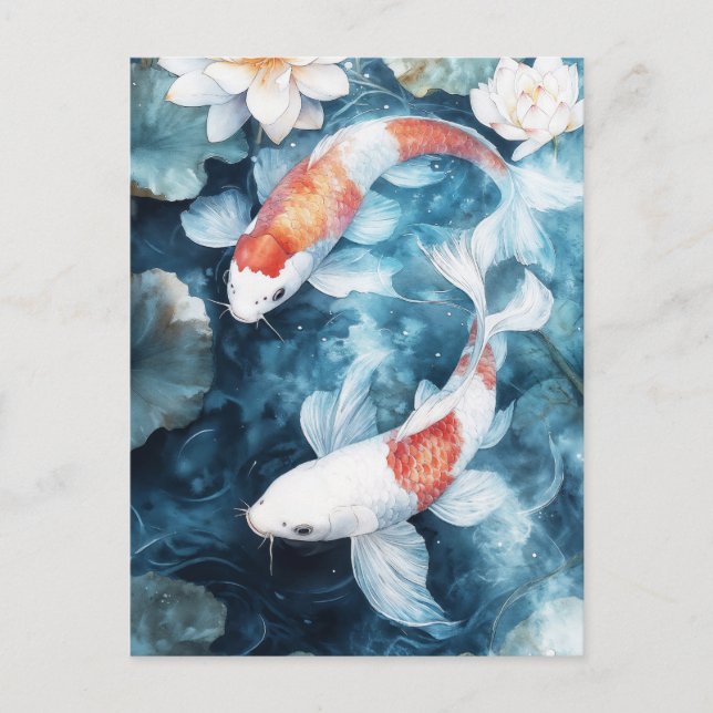 Vita och orangea Koi-fiskar som virvlar i lotus-da Vykort (Framsida)