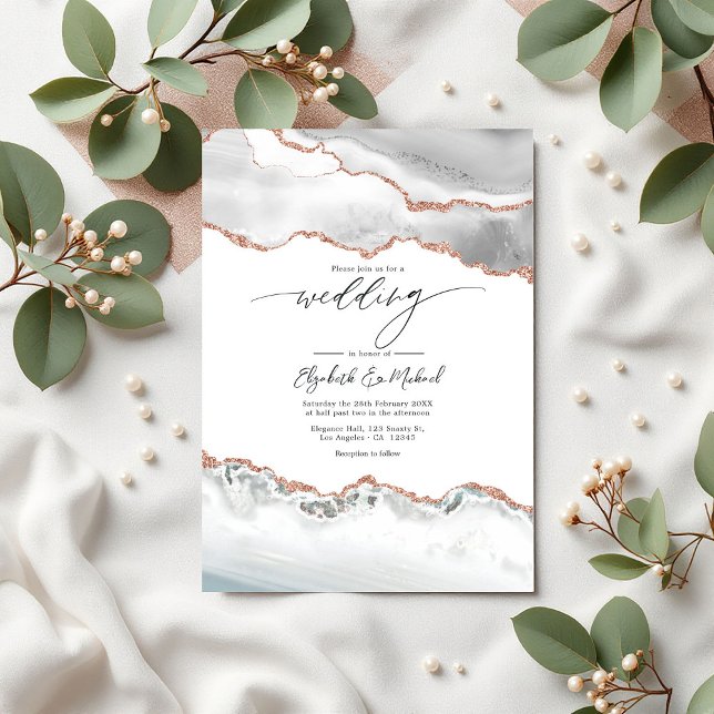 Vita och Ro Guld Agate Bröllop QR-kod Inbjudningar (White and Rose Gold Agate Wedding QR Code Invitation)