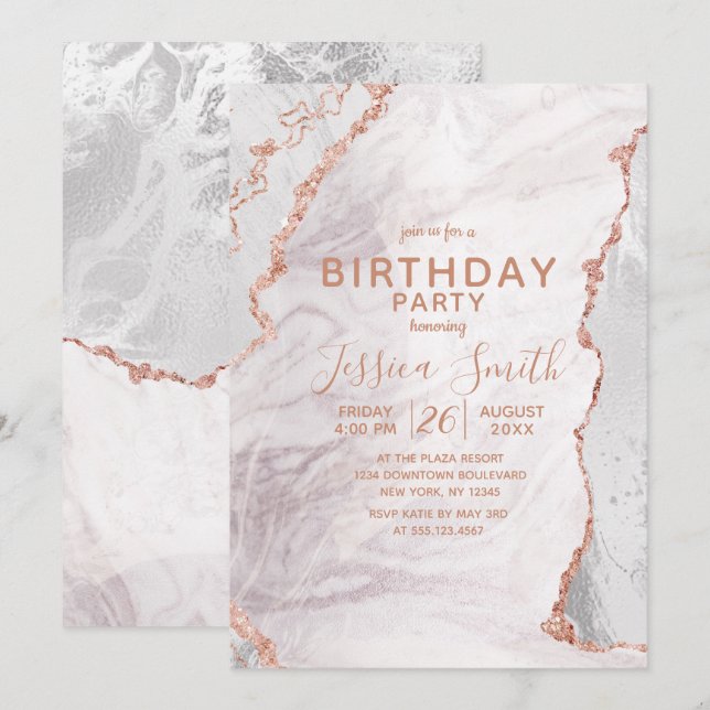Vita och Ro Guld Agate Marble Foil Födelsedagsfest Inbjudningar (Fram/baksida)