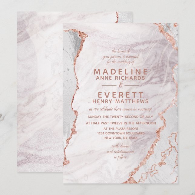 Vita och Ro Guld Agate Marble Foil Trendig Bröllop Inbjudningar (Fram/baksida)