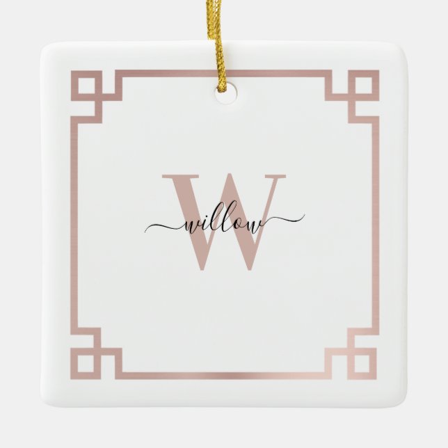 Vita och Ro Guld Rosa  grekiska Nyckel Monogrammed Julgransprydnad Keramik (Framsida)