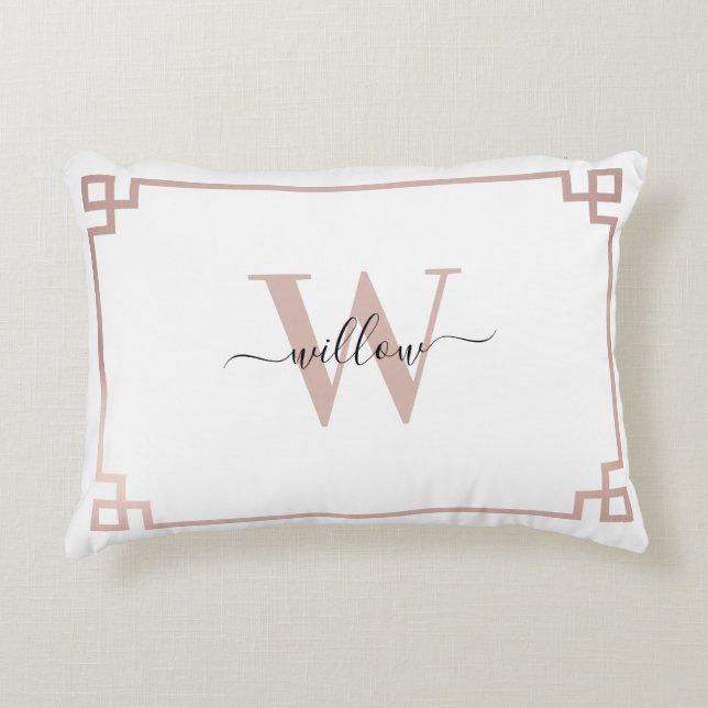 Vita och Ro Guld Rosa  grekiska Nyckel Monogrammed Prydnadskudde (Framsidan)