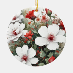 Vita och röda blommor, Elegant vattenfärg Julgransprydnad Keramik