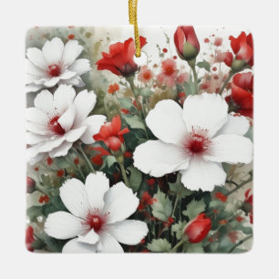 Vita och röda blommor, Elegant vattenfärg Julgransprydnad Keramik