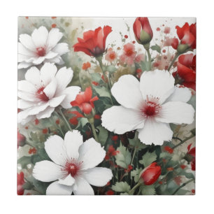 Vita och röda blommor, Elegant vattenfärg Kakelplatta