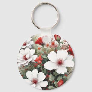 Vita och röda blommor, Elegant vattenfärg Nyckelring