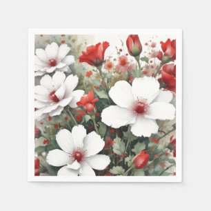 Vita och röda blommor, Elegant vattenfärg Pappersservett