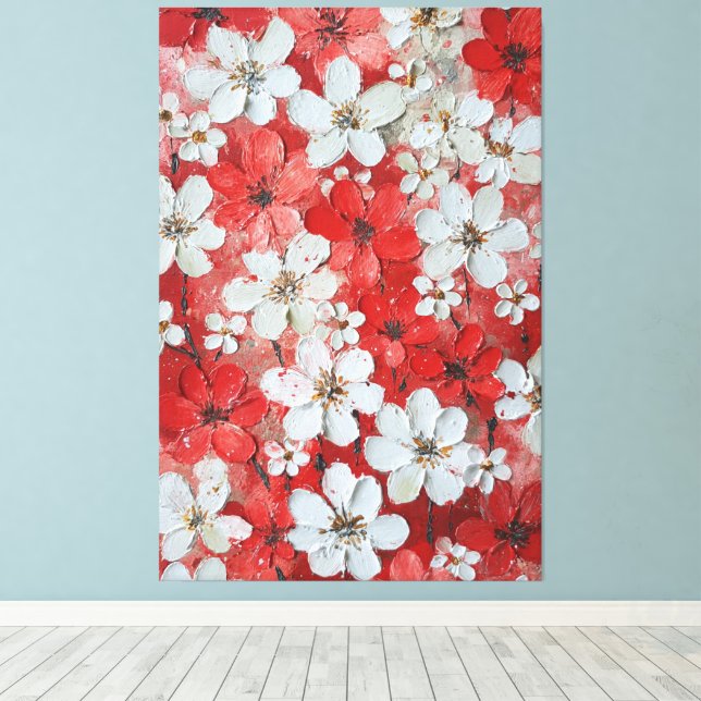 Vita och röda blomster Impasto Väggkonst Canvastryck (Insitu (trägolv))