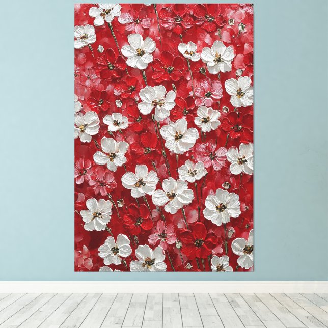 Vita och röda blomster Impasto Väggkonst Canvastryck (Insitu (trägolv))