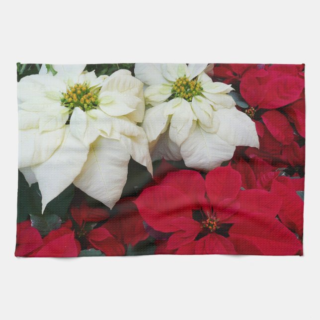 Vita och röda Poinsettias II Juldagen Helgdag Kökshandduk (Horisontell)
