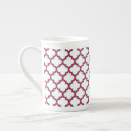 Vita och röda trellis, lattice, quatrefoil benporslin mugg