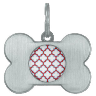 Vita och röda trellis, lattice, quatrefoil ID-bricka husdjur