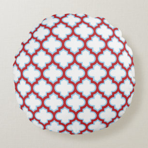 Vita och röda trellis, lattice, quatrefoil rund kudde