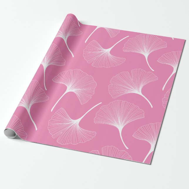Vita och rosa abstrakt löv mönster presentpapper (Utrullad)