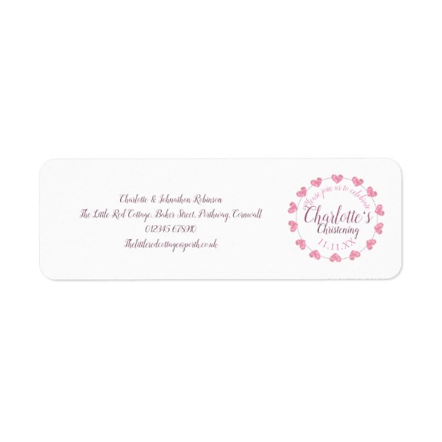 Vita och rosa baby dotter döpning adress returadress etikett (Framsidan)