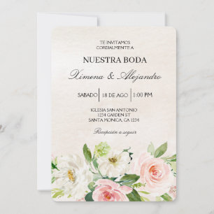 Vita och rosa Blommigt Benige Bröllop Spanien Inbjudningar