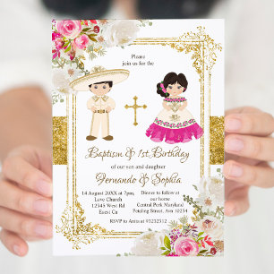 Vita och Rosa Blommor Baptism Fiesta Twin Inbjudningar