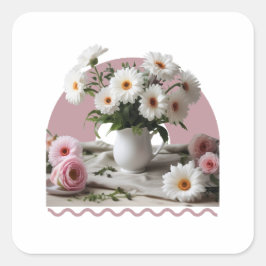 Vita och Rosa Blommor Fyrkantigt Klistermärke