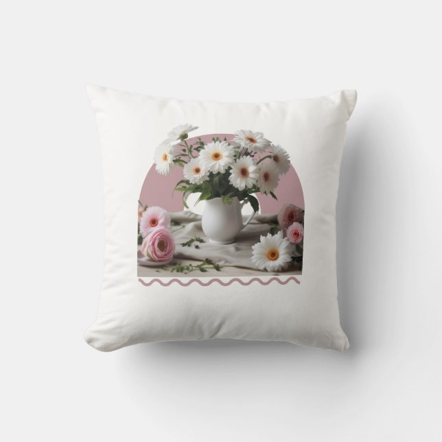 Vita och Rosa Blommor Kudde (Framsida)