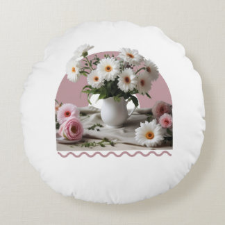 Vita och Rosa Blommor Rund Kudde