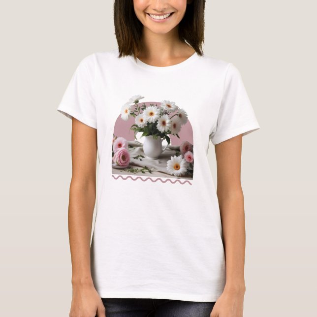 Vita och Rosa Blommor T Shirt (Framsida)