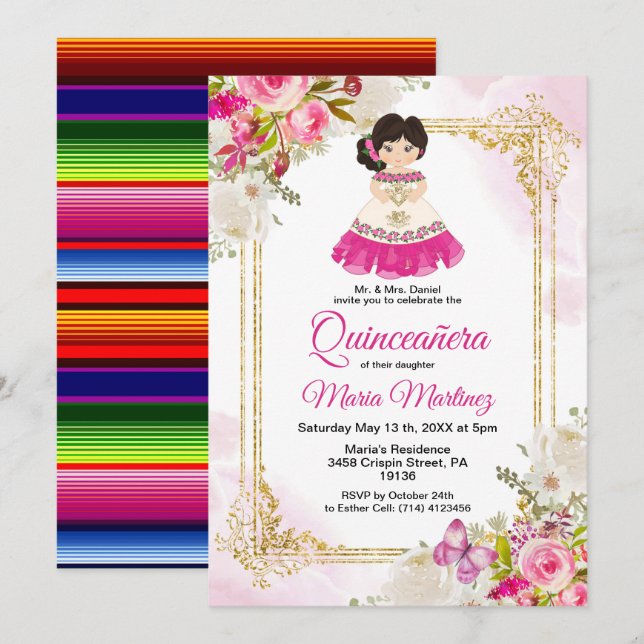 Vita och Rosa Dress Mexican Girl Quinceanera 1 Inbjudningar (Fram/baksida)