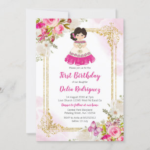 Vita och Rosa Dress Mexikanska flickor Första föde Inbjudningar