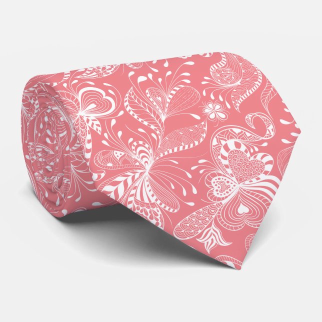 Vita och Rosa Exotiska Blommigtar Swirls Slips (Rullad)