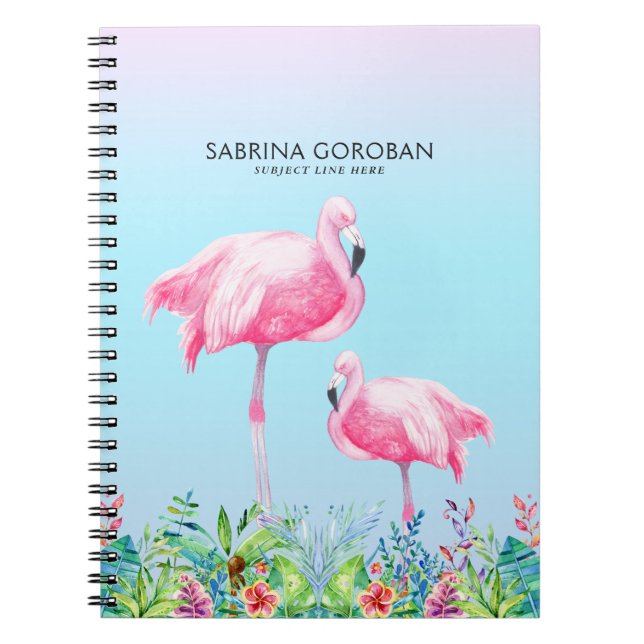 Vita och Rosa Flamingos med tropiska blommor Anteckningsbok (Framsidan)