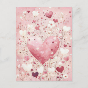 Vita och rosa Hearts Flowers Valentines Hälsning Vykort